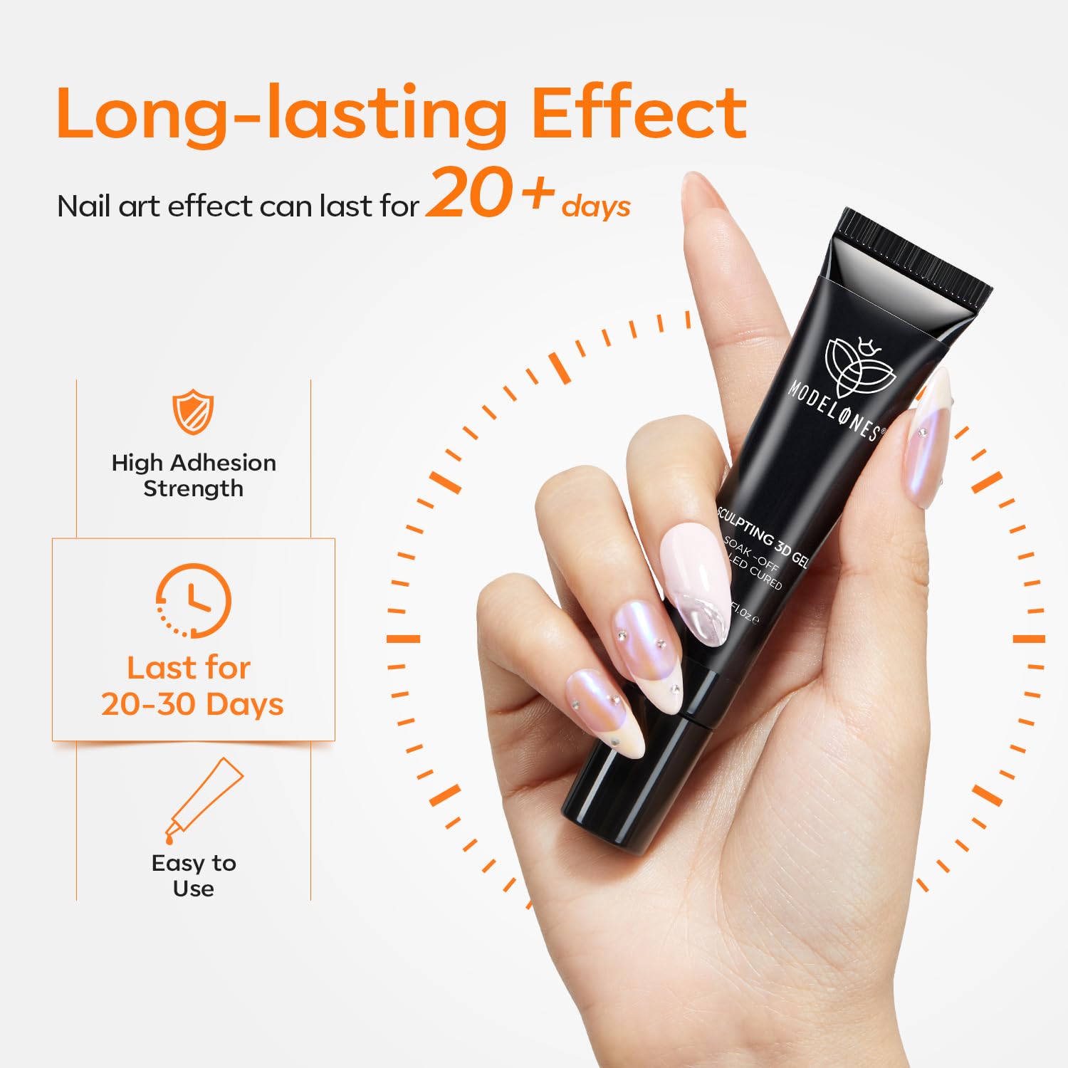 Modelones 3D Gel Nail Art, Sculpting Gel Glue for Molding, Drawing, Charms & Gems Glue, Nail Stuff for Chrome Powder and Rhinestone Design No Wipe, U V Light Cured Salon & DIY Use-BrightBean Baby