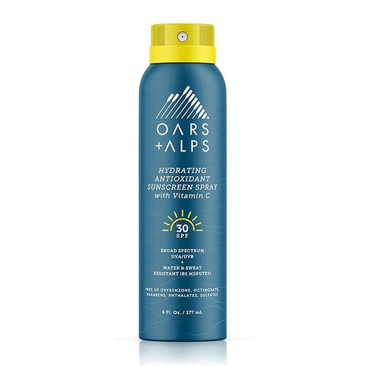 Oars + Alps Sunscreen Spray for Face & Body, SPF 30 Spray Sunscreen Infused with Vitamin C & Antioxidants, No White Residue, Water & Sweat Resistant, All Skin Types, Lightweight, Hydrating, 6oz, 1pk