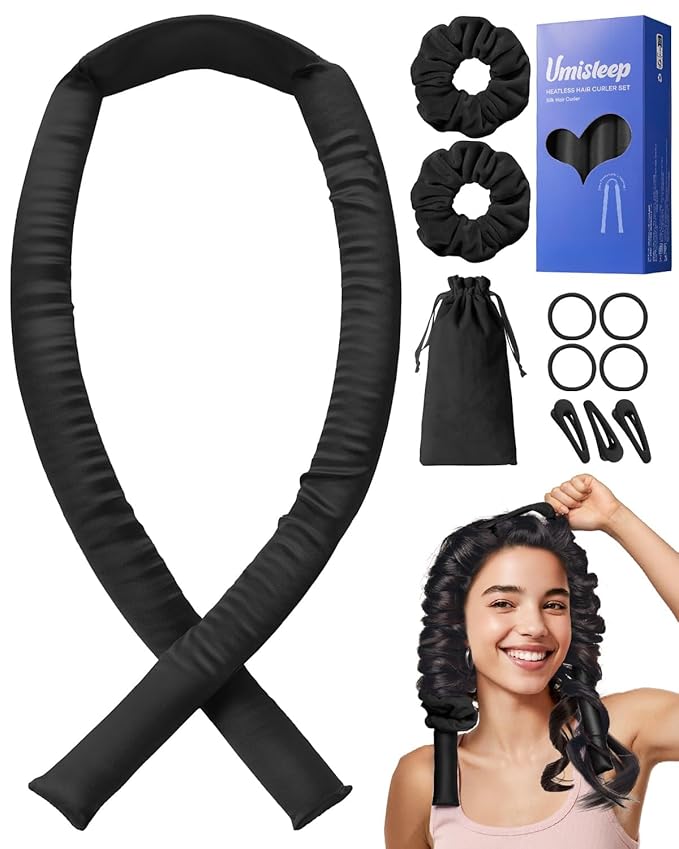 Umisleep 22 Momme 100% Mulberry Silk Heatless Hair Curler Set — Frizz-Free Hair Rollers for Women Long Hair, Overnight Heatless Curls, Upgraded Soft Flat Design with Clips & Scrunchies, Black-BrightBean Baby