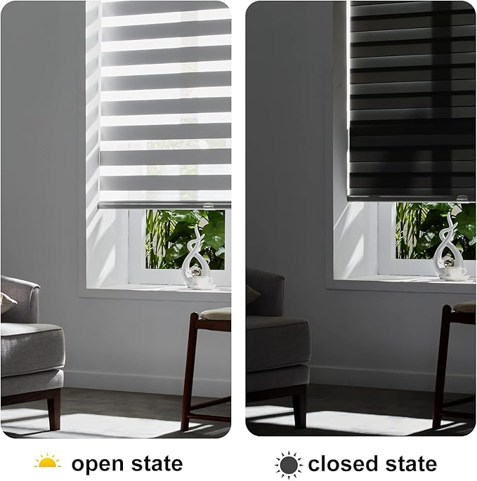 Persilux Cordless Zebra Blinds for Indoor Windows, Free-Stop Cordless, Light Filtering Sheer Shades Dual Layer for Day and Night, Roller Shades for Home (34.25" W X 64" H, Grey)
