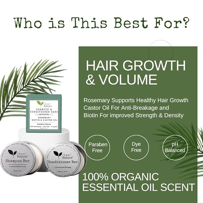 Shampoo Bar and Conditioner with Travel Tins | Rosemary, Biotin, Castor Oil | Growth, Volume, Thickening | For Thinning Hair | USA 2-pk-BrightBean Baby