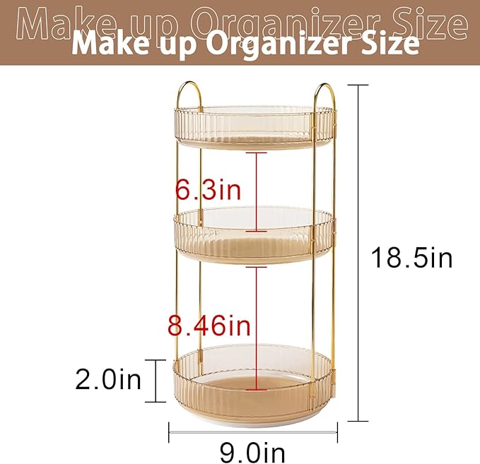 Rotating Makeup Organizer for Vanity, High-Capacity Skincare Clear Make Up Storage Perfume Organizers Cosmetic Dresser Organizer Countertop 360 Spinning (Gold, 3 Tier)-BrightBean Baby