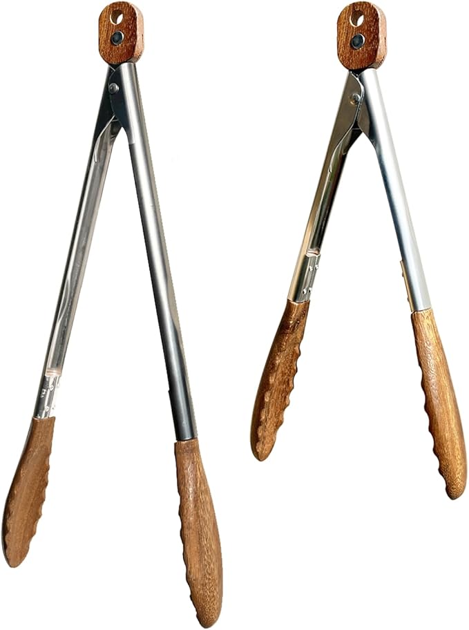 H&Zebrabro Food Tongs with Wood Tip, Salad Tong for Cooking, Serving, Grill, Kitchen Tongs Stainless Steel Handle, Kitchen Tools Set (Small + Large)