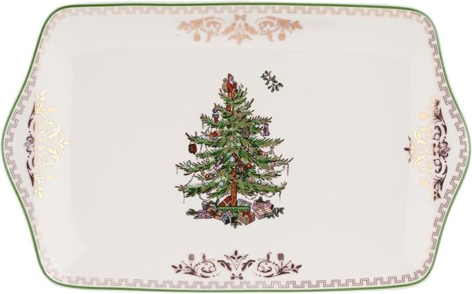 Spode Christmas Tree Gold Dessert Tray - 12" Fine Porcelain Festive Serving Platter with Red Ribbons, Holiday Collectible Dish for Entertaining & Desserts - Winter Holiday Serveware Gift