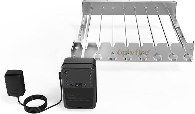 only fire Stainless Steel Electric Skewer Turner, Rotated Grilling Rack Shish Kabob Set with 7 Skewers and Dual-Purpose Rotisserie Motor