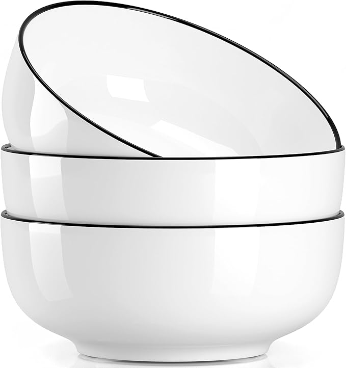 NJCHARMS Large Serving Bowls, 8'' Big Soup Bowl 60OZ Set of 3, White Ceramic Bowl for Kitchen, Pho Bowl for Pasta, Ramen, Soup, Fruit Vegetable, Microwave & Dishwasher Safe