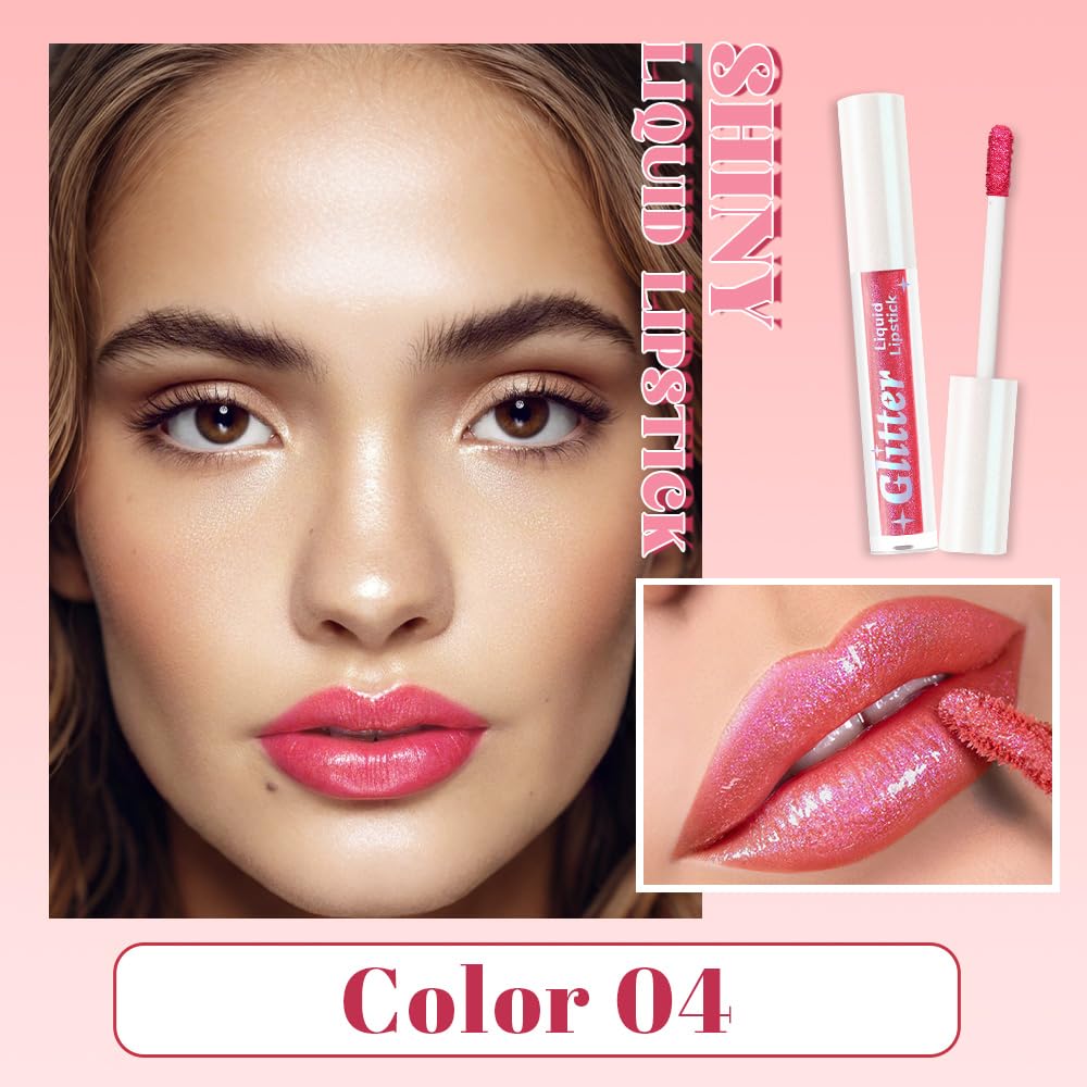 Orange Pink Metallic Lipstick for Women,Lightweight Glitter Sparkling Liquid Lipsticks,Shimmer Lip Gloss Stain Long Lasting Waterproof Smudge Proof Non-Drying 24 Hour Full Coverage Lip Makeup,Vegan-BrightBean Baby