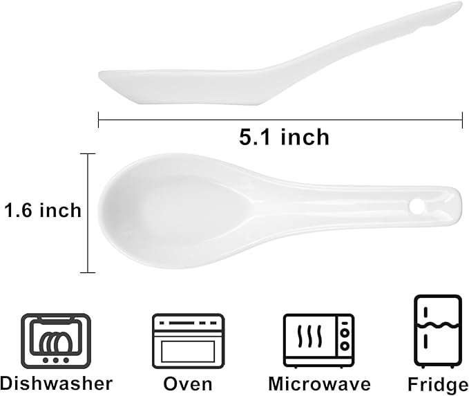 Soup Spoons Set of 10, Ceramic Chinese Soup Spoon, Asian Soup Spoons, White Japanese Spoon Large for Ramen Pho Wonton Dumpling Miso, Deep Oval Hook Design (10 pcs-5.3 inch)