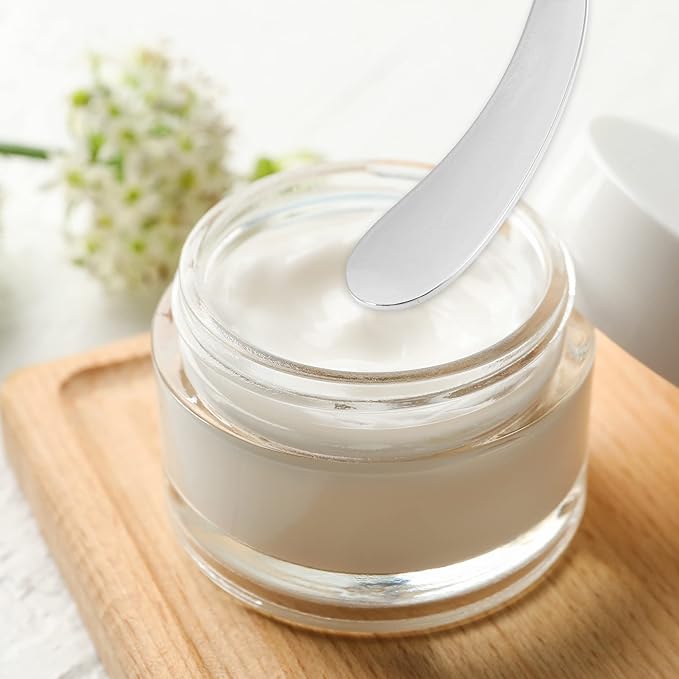 VOCOSTE 4 Pcs Makeup Spatula Mini Spoon, Eye Cream Massage Sticks Beauty Scoop, for Facial Cosmetic Face Cream, Zinc Alloy Moon Shape 2.13"x0.51", Silver Tone-BrightBean Baby