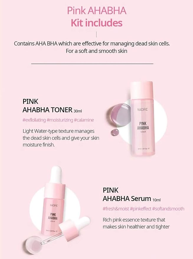 Nacific Pink AHA BHA Kit (Cleansing Foam, Toner, Serum, Cream) Travel Size Skin Care Set-BrightBean Baby
