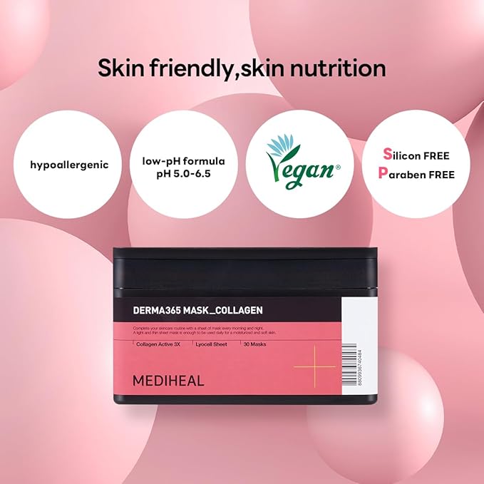 Mediheal Derma 365 Collagen Mask (30 Masks) - Daily Skin Care Mask for Firm Moisturizing to Lift Skin with Collagen Active 3X-BrightBean Baby