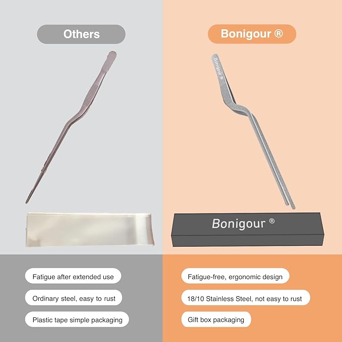 8 Inch Precision Offset Tweezers, Kitchen Culinary Stainless Steel Tongs, Curved Kitchen Cooking Multi-function Chef Precision Tweezer Tongs for Plating, Food Decorating and ect (Silver)