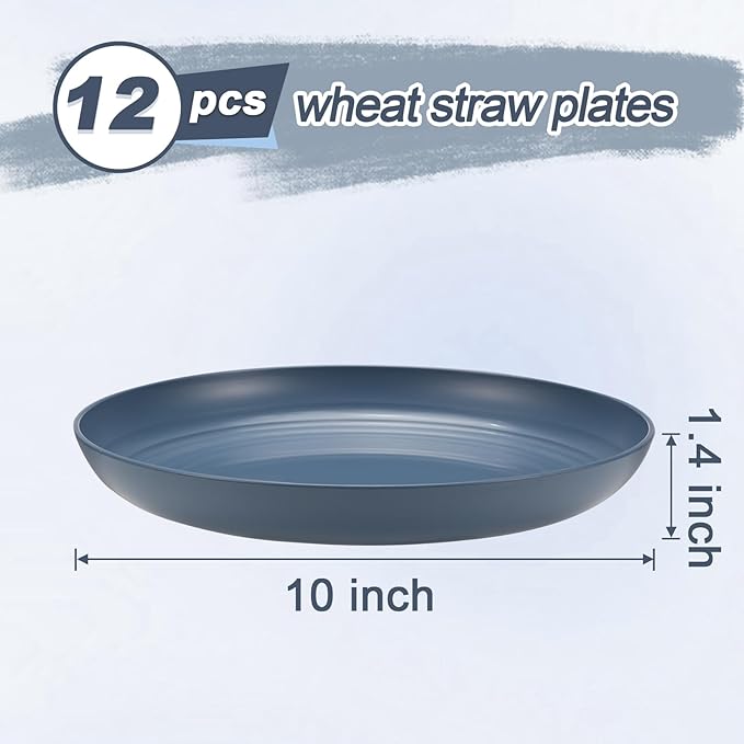 12 Pcs Unbreakable Deep Dinner Plates Set, 10 inch Reusable Plastic Wheat Straw Plates, Microwave and Dishwasher Safe Plate for Kitchen, Lightweight Plate for Dessert, BPA Free, Dark Blue