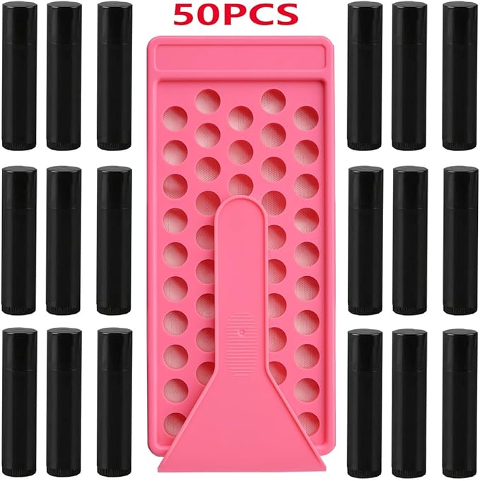 50 Lip Balm Container Kit with Filling Tray and Spatula, Round Tube Refillable Empty Tube 3 Colors, 0.15 oz, BPA Free, for DIY Homemade Lipstick Lipstick (50 black kits,)-BrightBean Baby