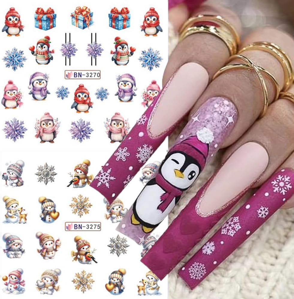 Christmas Nail Art Stickers Snowman Snowflake Water Transfer Nail Decals Xmas Winter Nail Art Decorations Cute Penguin Santa Claus Elk Gingerbread Man Gift Design Nail Foil Sticker for Women DIY Nails-BrightBean Baby