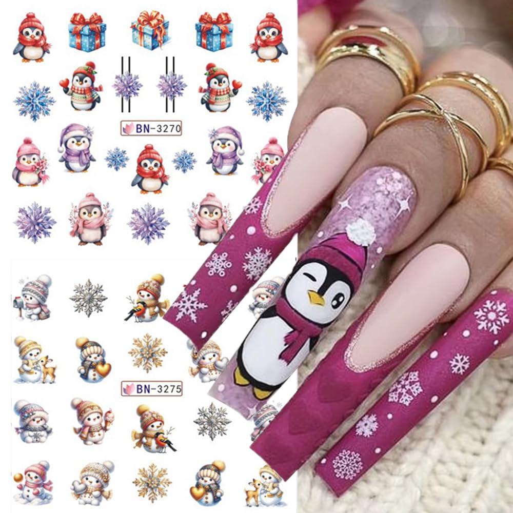 12 Sheets Christmas Nail Art Stickers Winter Snowflake Snowman Water Transfer Nail Decals Xmas Tree Santa Claus Penguin Gingerbread Man Design Acrylic Nail Foils for Women Kids DIY Holiday Nail Decor-BrightBean Baby