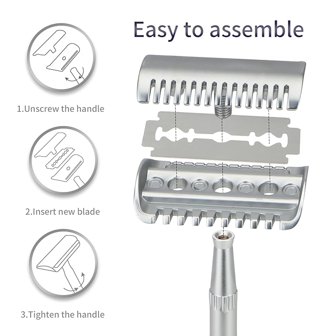 Matte Silver Double Edge Safety Razor, Single Blade Razors for Men and Women, with 10 Stainless Steel Safety Razor Blades, Reusable, Smooth and Close Wet Shaving Kit, Plastic Free-BrightBean Baby