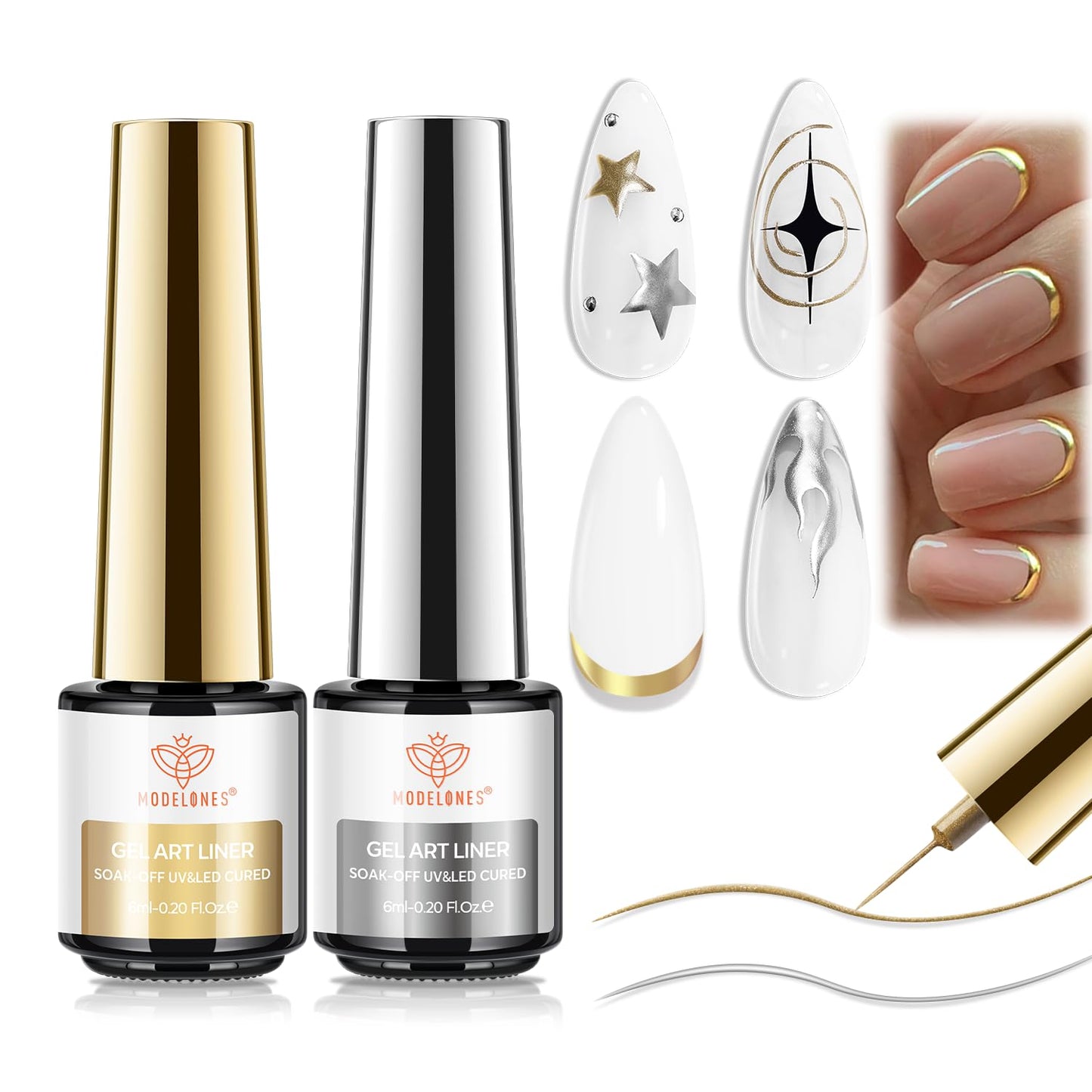 modelones Metallic Gold Silver Gel Liner Nail Polish 2 Pcs Chrome Mirror 3D Effect Nail Art Polish Bronze Thin Brush For Swirl Soak Off French Tip DIY Salon Nail Glue Manicure Gift For Women Girls-BrightBean Baby