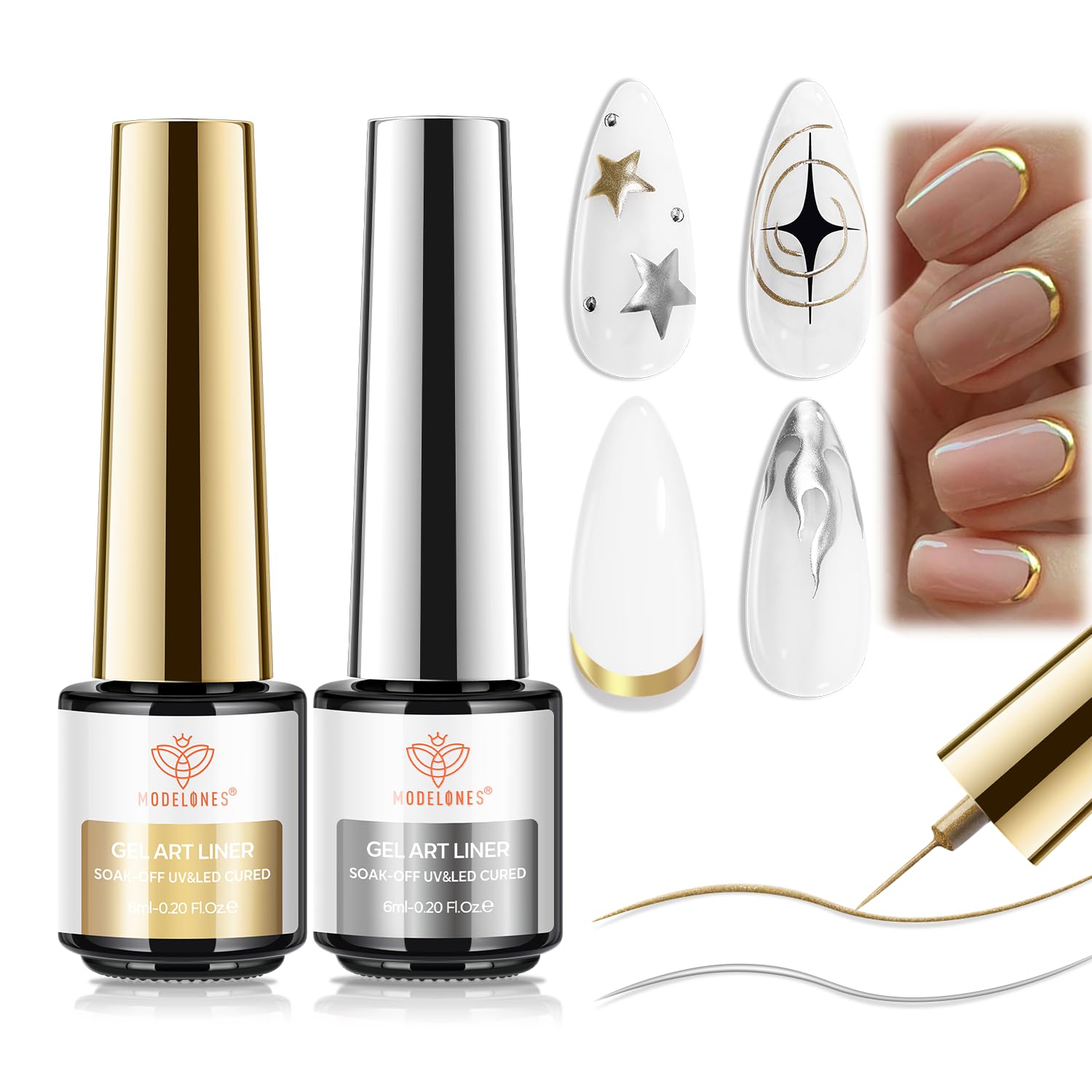 modelones Metallic Gold Silver Gel Liner Nail Polish 2 Pcs Chrome Mirror 3D Effect Nail Art Polish Bronze Thin Brush For Swirl Soak Off French Tip DIY Salon Nail Glue Manicure Gift For Women Girls-BrightBean Baby