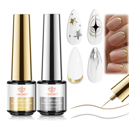 modelones Metallic Gold Silver Gel Liner Nail Polish 2 Pcs Chrome Mirror 3D Effect Nail Art Polish Bronze Thin Brush For Swirl Soak Off French Tip DIY Salon Nail Glue Manicure Gift For Women Girls-BrightBean Baby