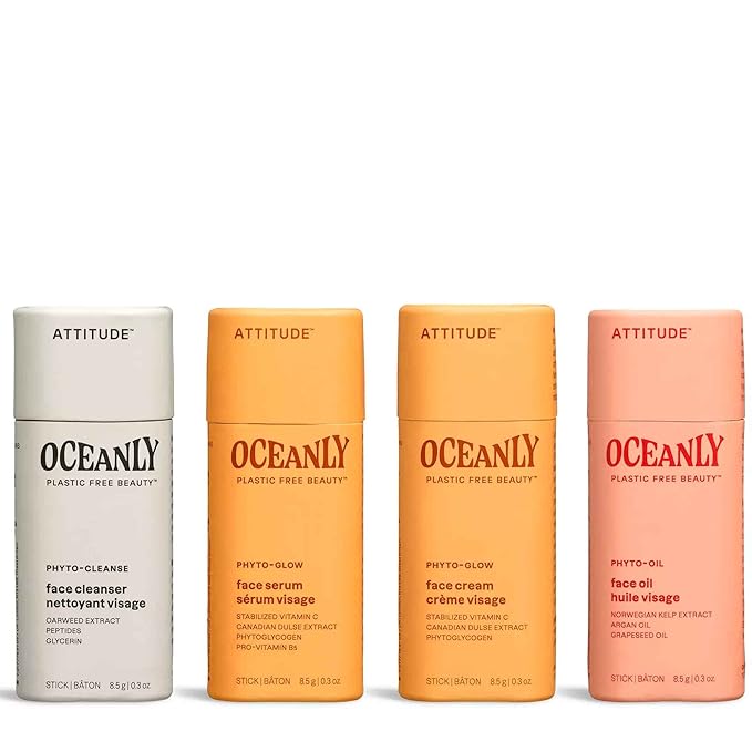 ATTITUDE Oceanly Radiant Skin Daily Facial Care Routine Box Set, EWG Verified, Plastic-free, Plant and Mineral-Based Ingredients, Vegan and Cruelty-free, PHYTO GLOW, Set of 4 Travel Size Bars-BrightBean Baby