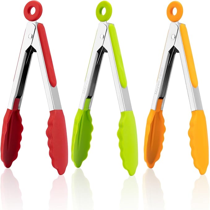 Small Silicone Tongs for Cooking,3 PCS 7-Inch Mini Serving Tong-600°F Heat Resistant Non Stick Stainless Steel Tong s with Silicone Tips Food Tong Cooking Tongs for Salad,Buffet Serving
