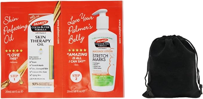 Palmer's Cocoa Butter Formula Skin Therapy Oil and Massage Lotion for Stretch Marks, Travel Pack, 0.68 FL OZ, Intensive Hydration, Skin Elasticity, Pregnancy Safe, Paraben-Free, 30 CT, W/Travel Pouch-BrightBean Baby