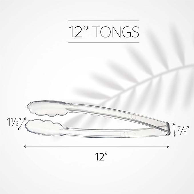 [Clear Tongs 12'' Inches] Plasticpro 12'' Serving Tongs Heavy Duty Reusable Kitchen and BBQ Clear Serving Tongs for party's, Caterings, Events, Buffet, Weddings, And every Day use Pack of 12
