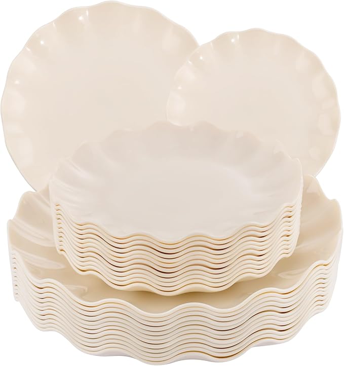 LIYH 24 Pcs Plastic Plates Reusable,Unbreakable Dinner Plates, Scalloped Plastic Plates, Dishwasher Safe,Ivory Plate Sets Perfect for Parties, Birthday, Picnics, BPA Free(12Guests)