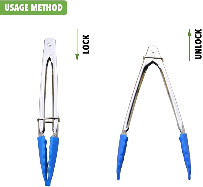 Small Tongs with Silicone Tips 7-Inch Serving Tongs, Set of 3 (Blue)