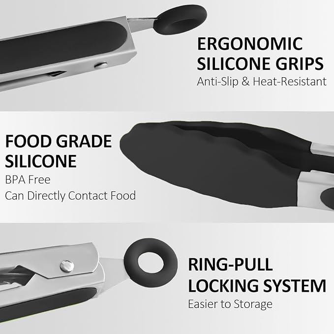 9 Pieces Silicone Tongs for Cooking 7,9,12 inches Kitchen Tongs with Silicone Tip Stainless Steel Heat Resistant Cooking Tongs for Food Grill Salad BBQ Frying and Serving, Black