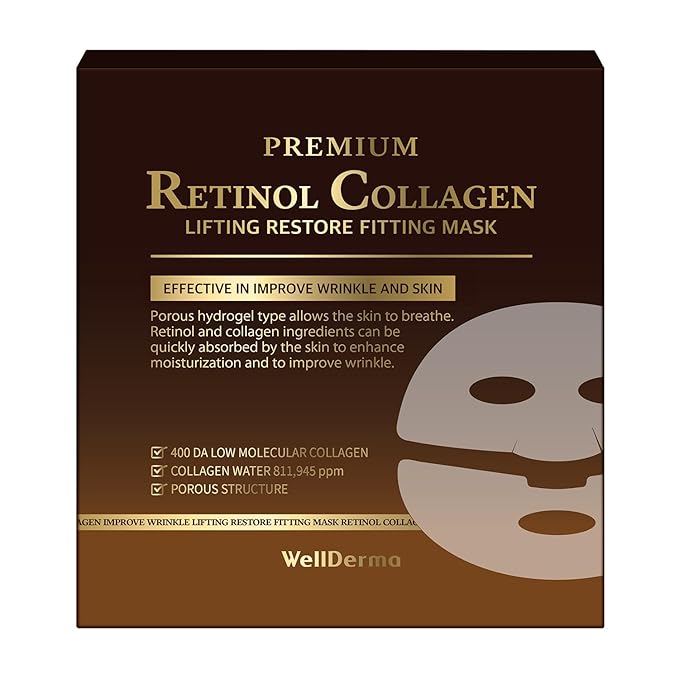 WELLDERMA Premium Retinol Collagen Restore Fitting Mask 4EA - Korean Collagen Face Mask for all around care, Wrinkles, Elasticity, Brightening, Deep Hydration, Face mask Skin Care-BrightBean Baby