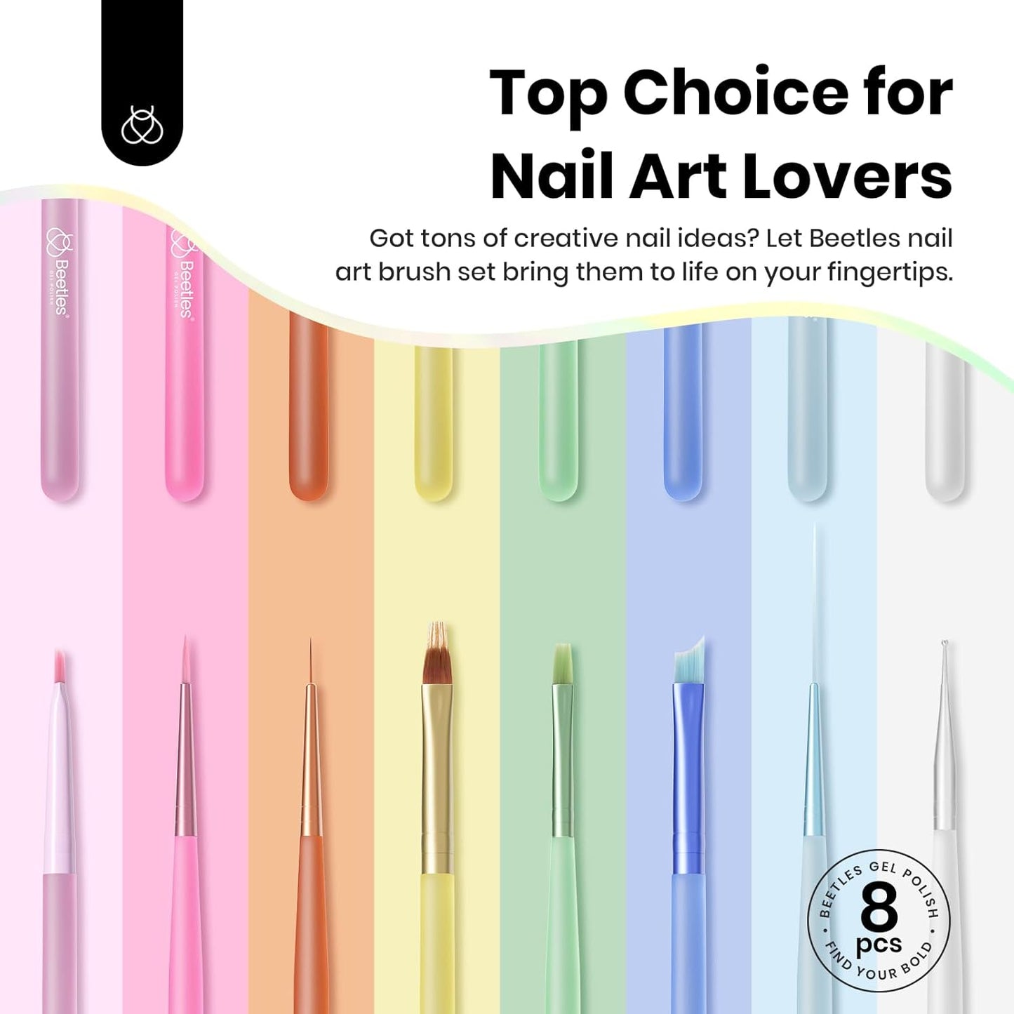 Beetles Nail Art Brushes Set for Gel Polish 8 Pcs - Nail Art Design Pen Fingernail Painting Dotting Tool, Liner Gradient Clean Up Brush DIY with Palette Rainbow Pastel Pen Set Manicure Kit-BrightBean Baby
