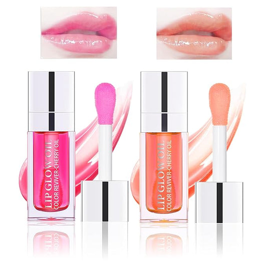 2PCS Lip Oil Set, Hydrating Lip Glow Oil Lip Plumper Gloss, Tinted Lip Oils Transparent Long Lasting Non-sticky Lip Gloss, Plumping Lip Gloss Lip Care Kit (Raspberry & Pink)-BrightBean Baby
