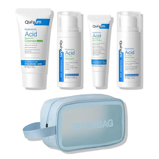 Skin Care Set, Hyaluronic Acid Travel Size Skincare Set W/ Low pH Cleanser, Moisturizer, Serum, Eye Cream, Toiletry Bag, Face Care Set Gift for Women Girls, Hydrating Anti Aging for Dry Skin-BrightBean Baby