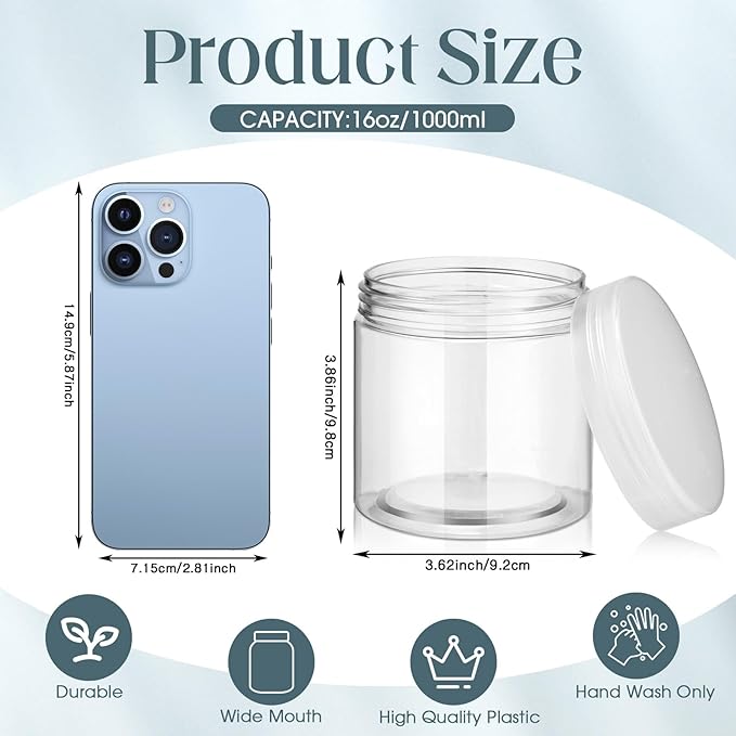 SATINIOR 24 Pieces Empty Clear Plastic Jars with Lids Round Storage Containers Wide Mouth for Beauty Product Cosmetic Cream Lotion Liquid Butter Craft and Food (Clear Lid,16 oz)-BrightBean Baby