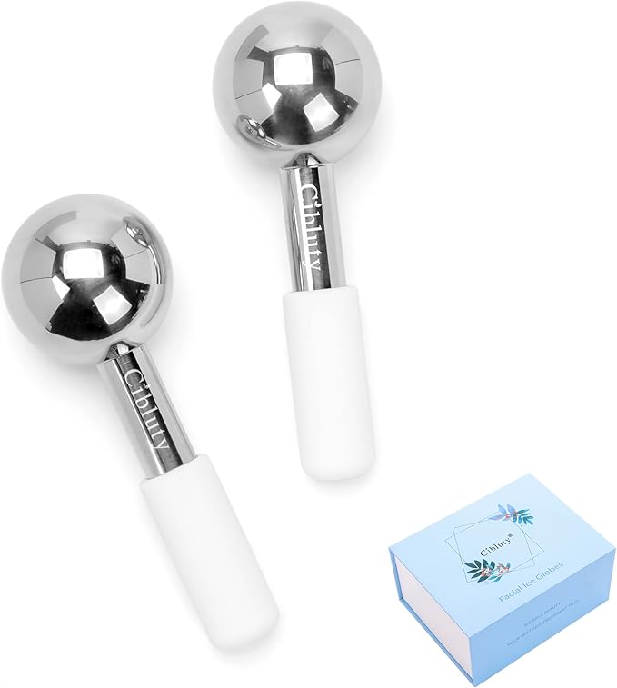 Facial Ice Roller by CIBLUTY- 2PC Stainless Steel Face Globes for Cold or Hot Skin Massagers Durable Unbreakable Globes with White Silicone Handle for Face and Body Fitness-BrightBean Baby