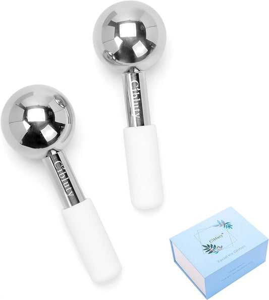 Facial Ice Roller by CIBLUTY- 2PC Stainless Steel Face Globes for Cold or Hot Skin Massagers Durable Unbreakable Globes with White Silicone Handle for Face and Body Fitness-BrightBean Baby