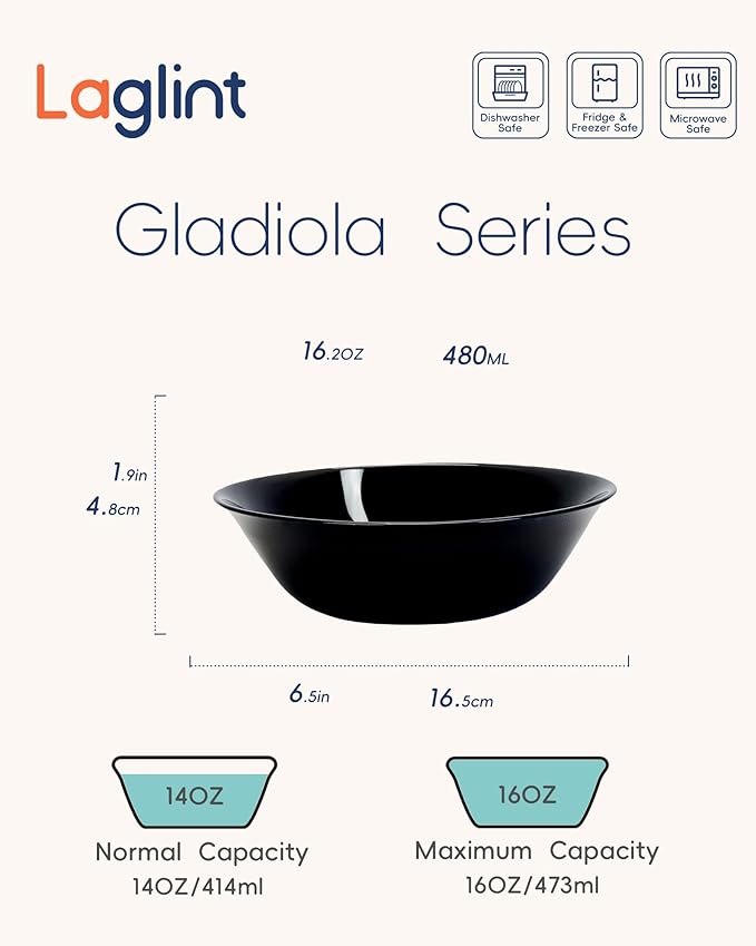 14 OZ (16 OZ MAX) Black Opal Glass Cereal Bowl Set of 6, 6.5 inch Dishwasher & Microwave Safe Round Bowls for Soup, Salad and Rice