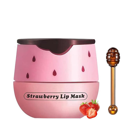 1 PCS Bee Lip Balm Lip Mask Honey Pot, Strawberry Moisturizing Sleeping Lip Mask Overnight with Sticks, Lip Balm Honey Pot Lip Balm Hydrating Prevention Dry and Crack Lip Scrubs Exfoliator-BrightBean Baby