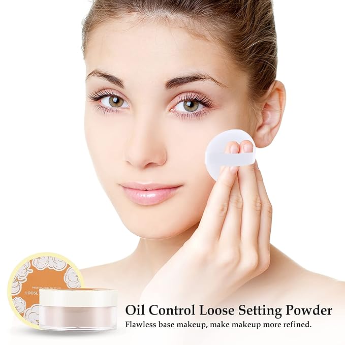 Boobeen Loose Face Powder Translucent Setting Powder Oil Control Loose Powder, Soft Focus Effect Makeup Loose Setting Powder, Lightweight Shine Control Matte Finishing, with Puff-BrightBean Baby