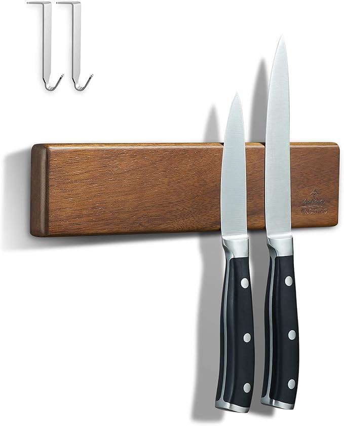 ENOKING Magnetic Knife Holder for Wall, 10 Inch Powerful Magnetic Knife Holder for Refrigerator, Knife Magnetic Strip No Drilling Acacia Wood Wall Knife Holder Magnet Magnetic Knife Bar with 2 Hooks