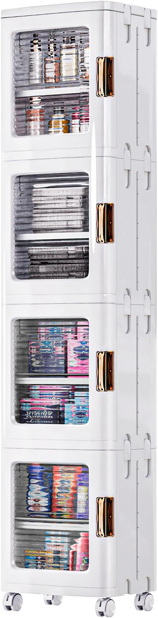 VECELO 4-Tier Plastic Tall Narrow Storage Cabinet with Movable Wheels, Adjustable Shelves, Magnetic Doors, Slim Bathroom Organizers and Storage for Small Space, Bathroom, Kitchen, Laundry, White-BrightBean Baby