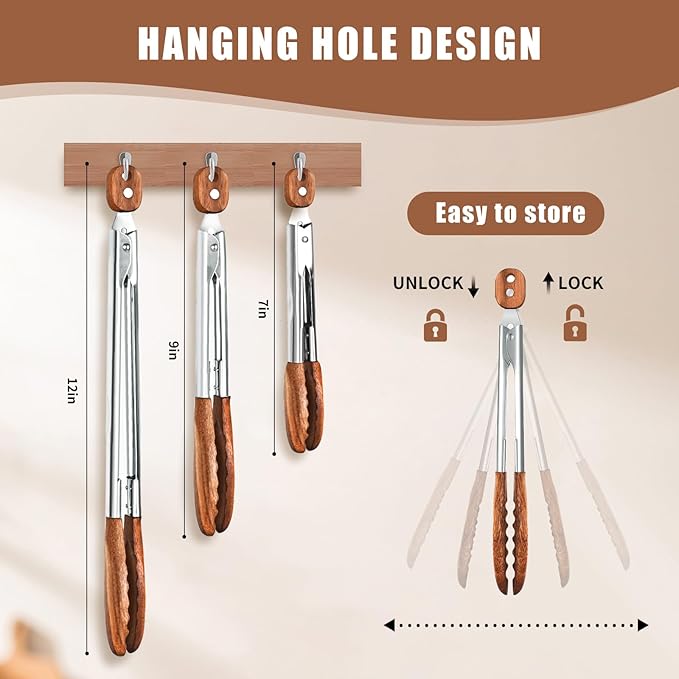 Wooden Tongs for Cooking Set of 3 (7",9",12") Natural Walnut Wooden kitchen Tongs for Grilling, Serving, BBQ and Tossing Salad etc | Ergonomic Stainless Steel Non-Slip Grip, Heat Resistant, Pull Lock