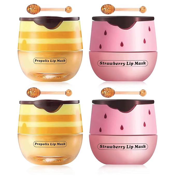 4 Pcs Strawberry & Honey Lip Balm, Vitamin E Lip Masks Moisturizing Propolis Sleeping Lip Mask, Hydrating & Prevention Dry and Cracked Lip Scrubs Exfoliator (2 Pack Strawberry + 2 Pack Honey)-BrightBean Baby