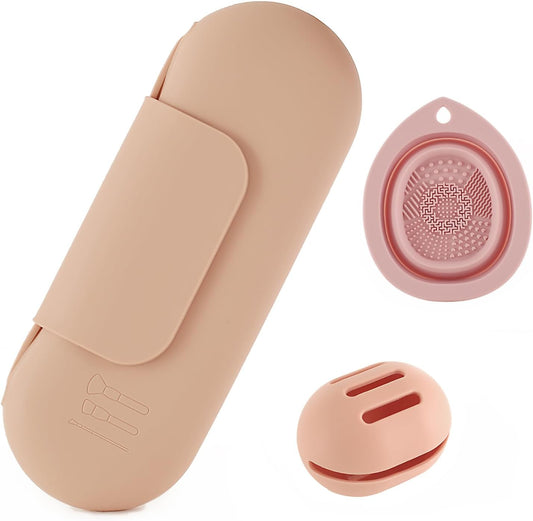 Silicone Makeup Brush Holder Set – Portable Travel Makeup Brush Holder with Makeup Sponge Holder and Foldable Cleaning Bowl – Upgraded 3-in-1 Cosmetic Organizer Set (khaki)-BrightBean Baby