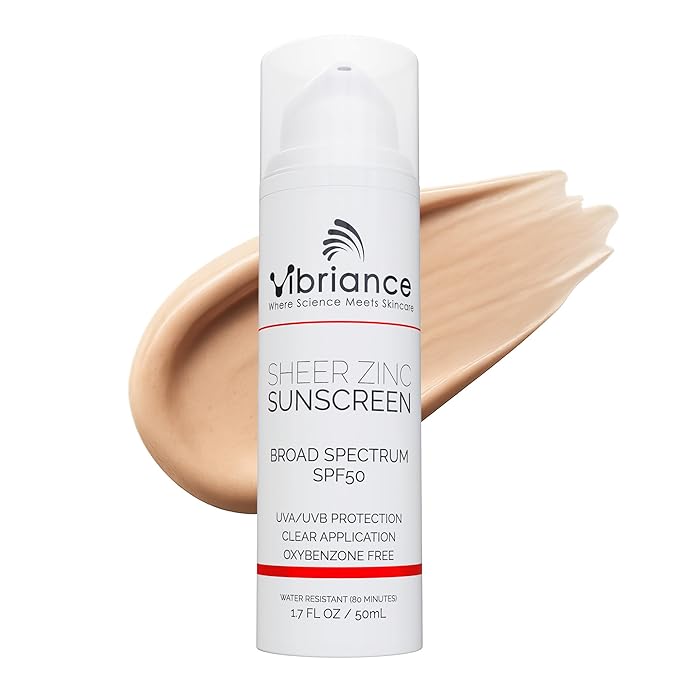 Vibriance Sheer Zinc Sunscreen - Tinted Sunscreen for Face SPF 50, Lightweight Facial Moisturizer with Niacinamide, Hyaluronic Acid - 1.7 fl oz-BrightBean Baby