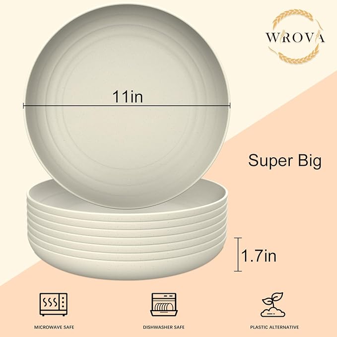 Wrova Large Wheat Straw Dinner Plates - 11 Inch Set of 8 - Unbreakable, Dishwasher & Microwave Safe - Deep Edge for Kitchen & Camping (Beige)