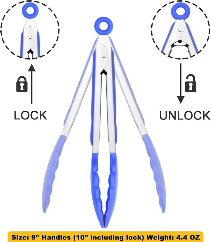 9-Inch Cooking Tongs with Silicone Tips, Set of 3 (Blue)