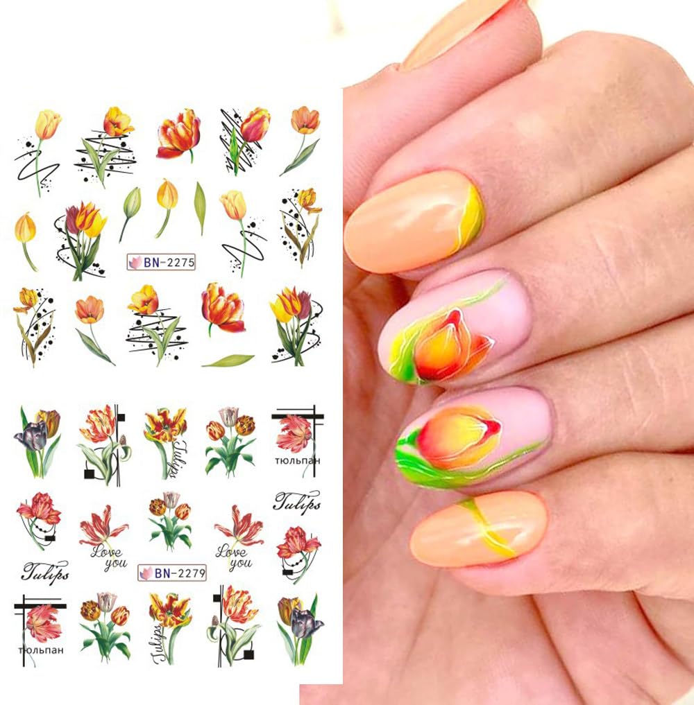 Flowers Nail Art Stickers Decals Tulip Floral Leaf Watercolor Nail Art Decals Transfer Foils for Nails Supply Butterfly Flowers Designs Nail Tattoo Sliders for Women DIY Manicure Nail Decoration 12PCS-BrightBean Baby